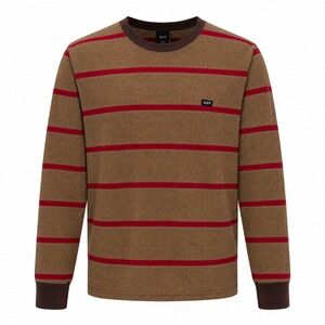 HUF Mens XXL Striped Houndstooth Long Sleeve Knit Shirt Brown Red Cotton Tee